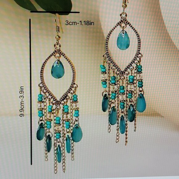 Hollow Leaf Beaded Dangling Earrings Faux Blue Stones Gold Tone 3.9" Drop New - Picture 8 of 15